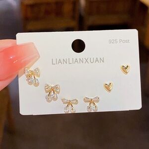 ✨ Dainty Gold Bow & Heart Stud Earring Set (3 Pairs) ✨